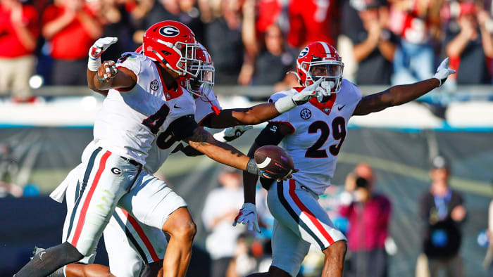 Georgia's Nolan Smith celebrates after an interception vs Florida